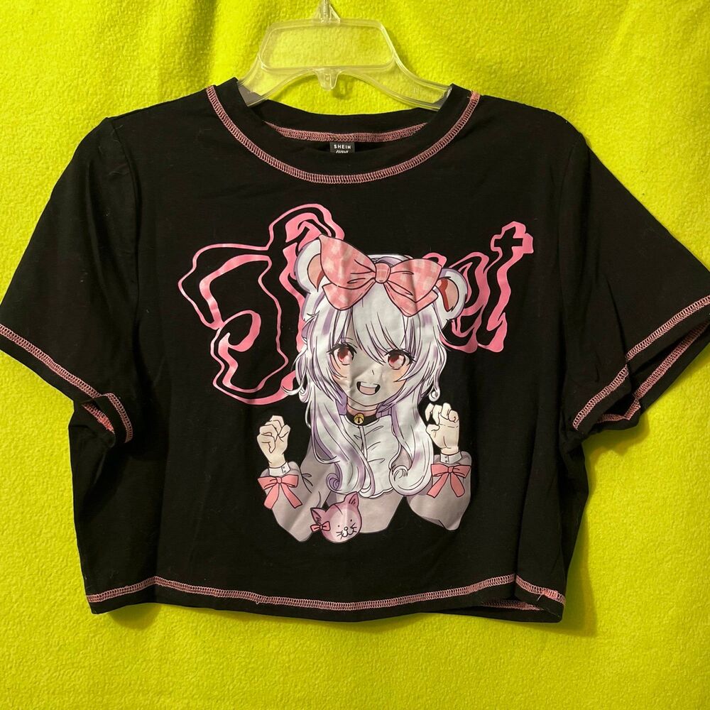 Plus Anime E-Girl Graphic Crop Top Tee 3x 18 Black Pink Cat
